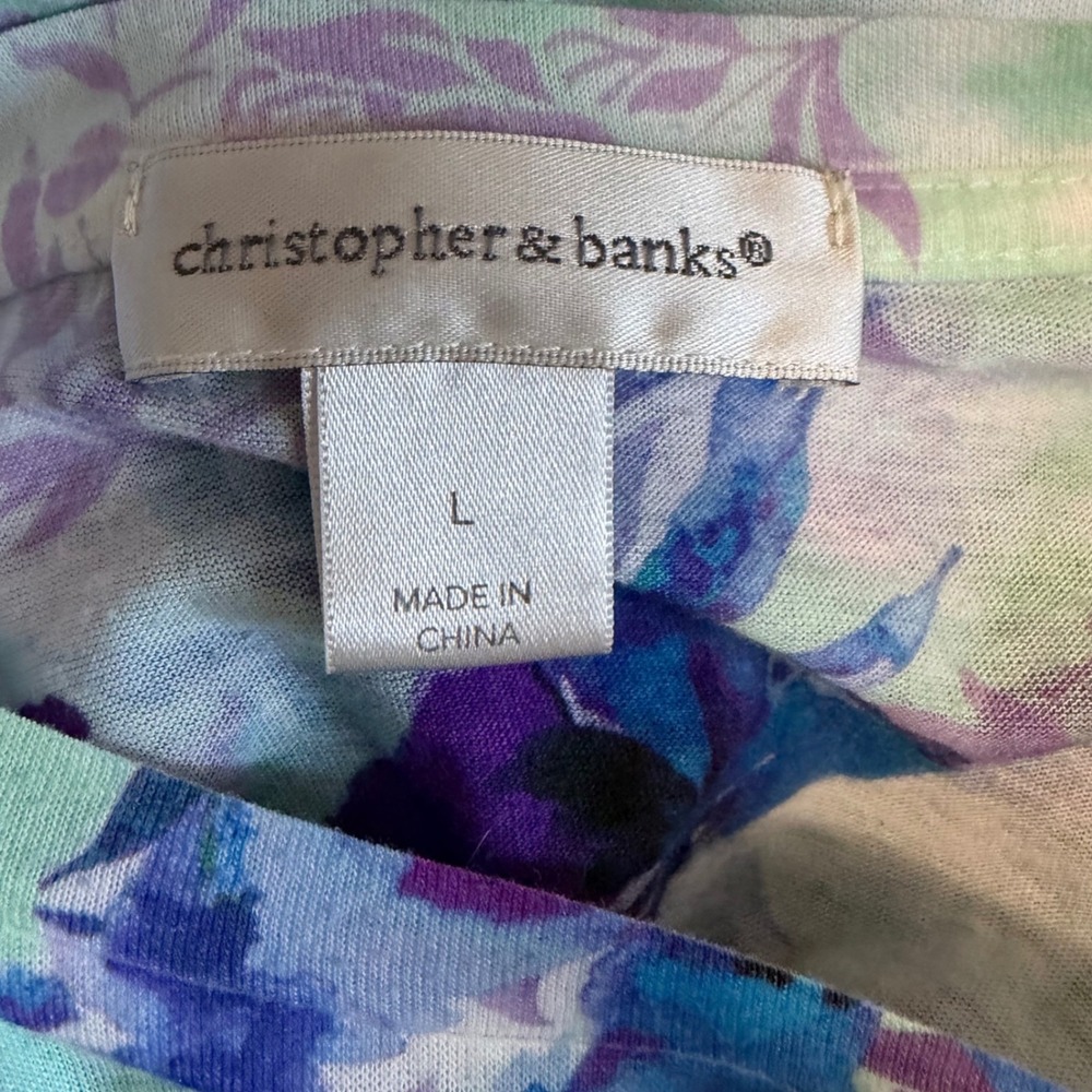 Christopher & Banks Womens Floral Stripe Rhinestone 3/4 Sleeve Top Purple Mint L - Picture 4 of 7